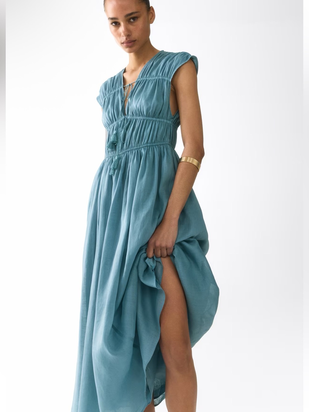 H&M SUMMER 2026 COLLECTION 
NWT DUSTY TURQUOISE DRAWSTRING-DETAIL RAMIE DRESS
